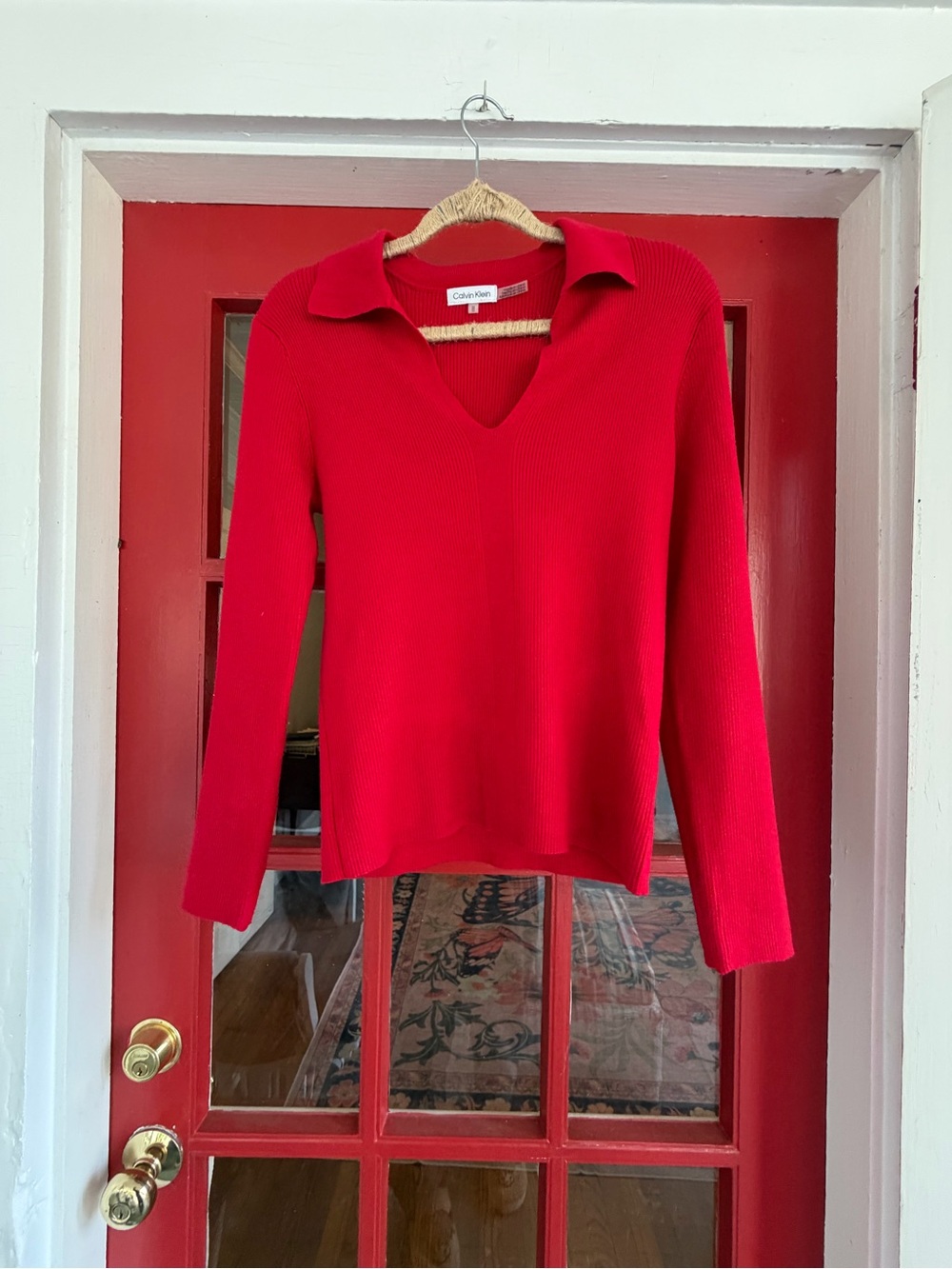 Calvin Klein Vibrant Red V-Neck Collared Ribbed Sweater